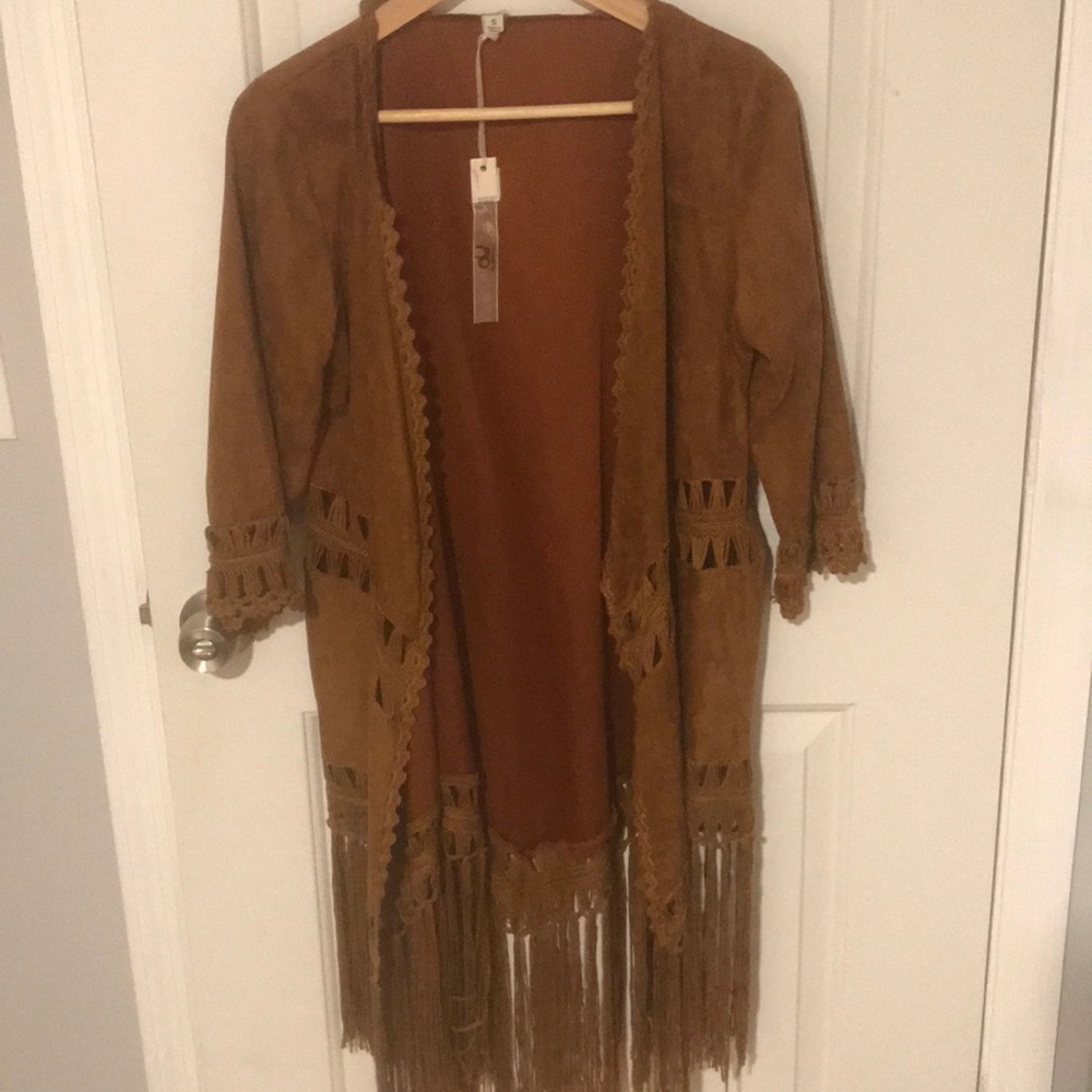 Faux suede fringe kimono